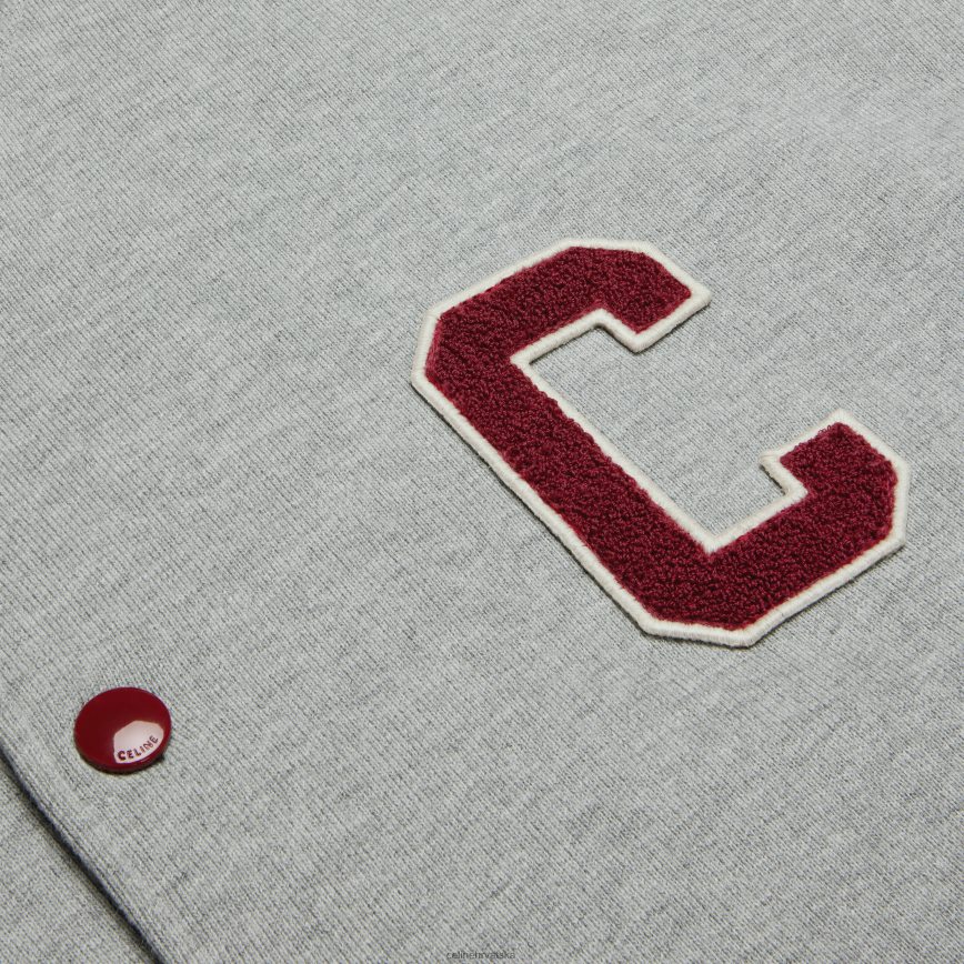 CELINE muškarci teddy sveučilišna jakna od pamučnog flisa sivi melange/crveno grožđe/off w odjeća 3WE2E1844