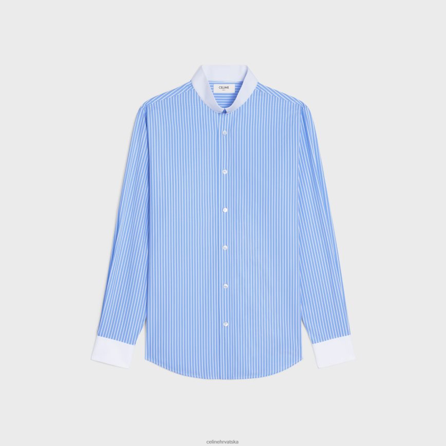 CELINE muškarci široka košulja s obrnutim ovratnikom od prugastog pamuka ciel/bijelo odjeća 3WE2E1910