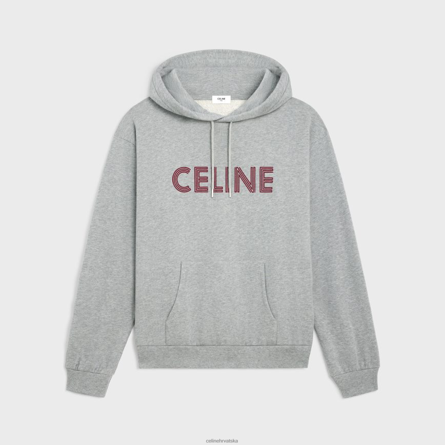 CELINE muškarci široka majica s kapuljačom od pamučnog flisa sivi melange/bordo odjeća 3WE2E1941