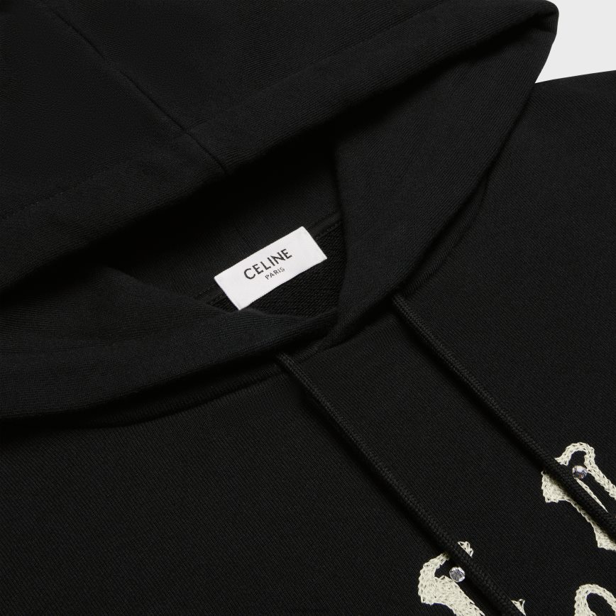 CELINE muškarci labava izvezena majica s kapuljačom od pamučnog flisa crno/bijelo/kristalno odjeća 3WE2E1940