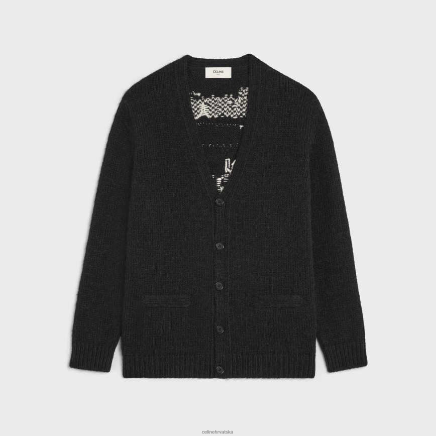 CELINE muškarci dugo dare budući kardigan od vune alpake crno/krem odjeća 3WE2E1982