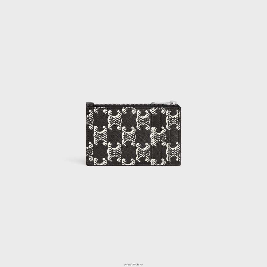 CELINE muškarci držač za kartice s patentnim zatvaračem od triomphe dvobojnog platna i teleće kože crno bijeli pribor 3WE2E2120