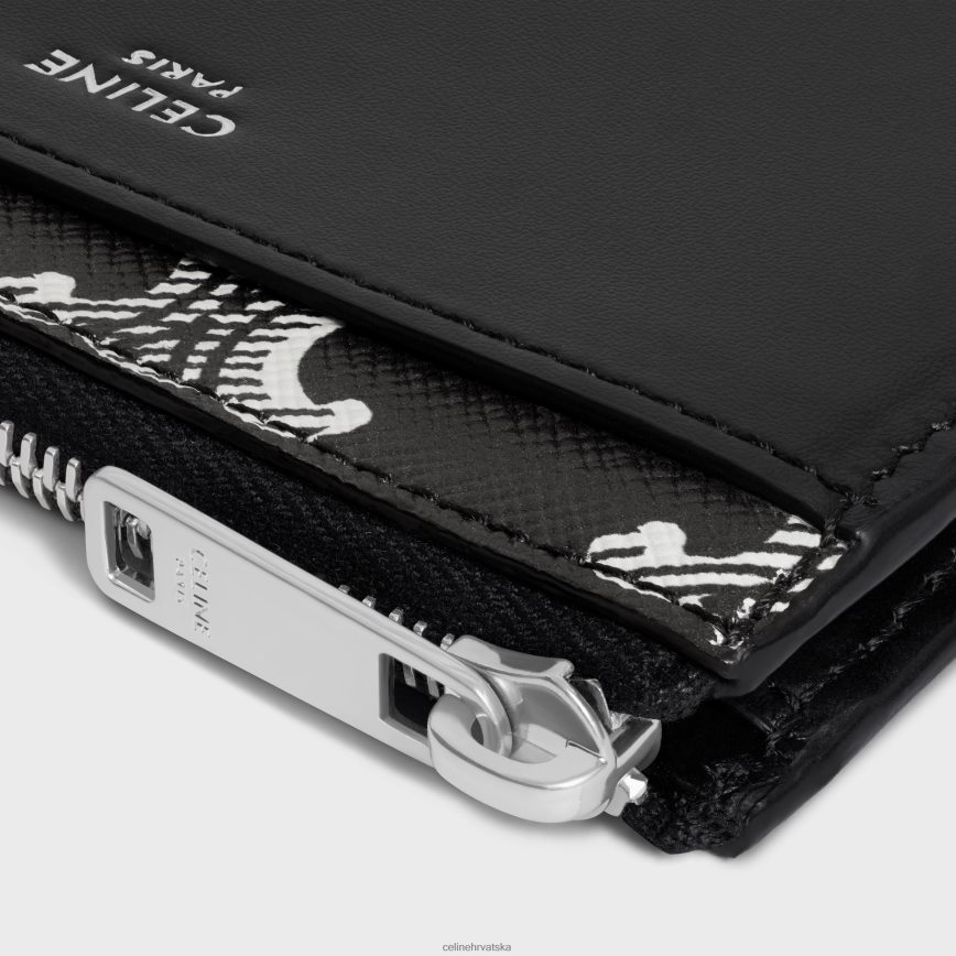 CELINE muškarci držač za kartice s patentnim zatvaračem od triomphe dvobojnog platna i teleće kože crno bijeli pribor 3WE2E2120