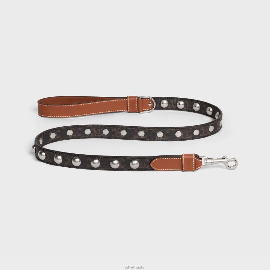 CELINE uniseks široki povodac za pse od triomphe platna i teleće kože s nitnama preplanuli ten pribor 3WE2E1742