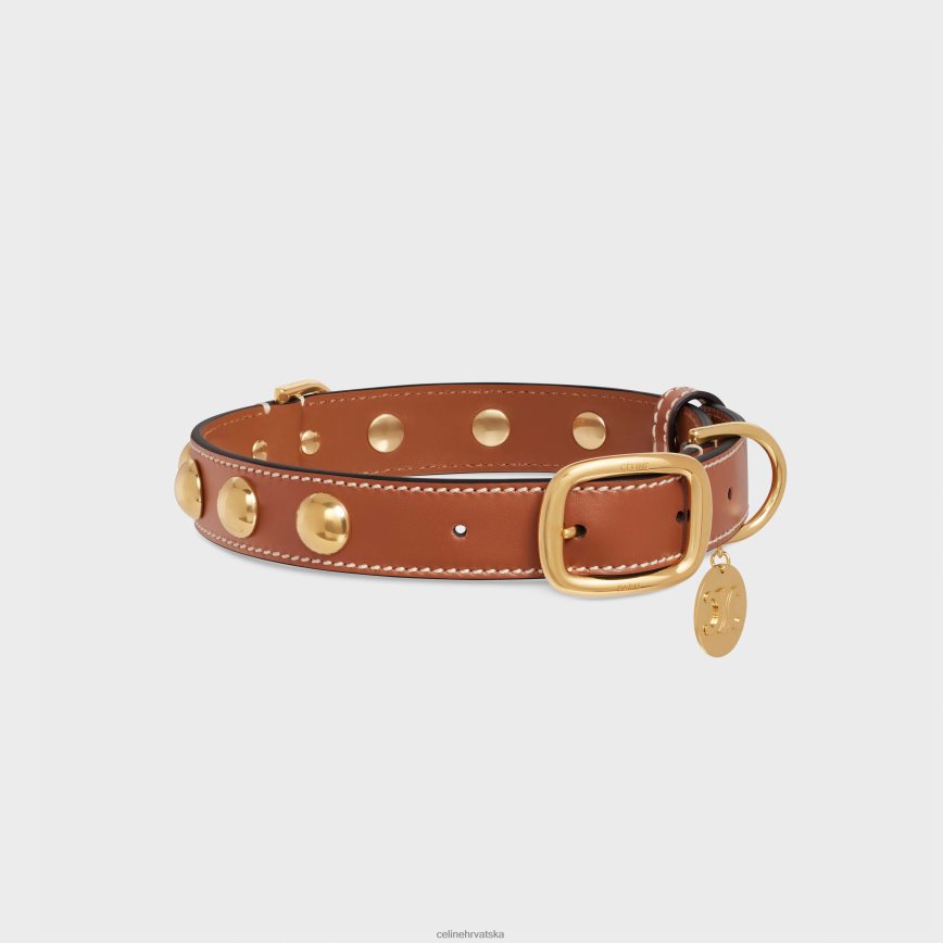 CELINE uniseks široka srednja ogrlica za pse od glatke teleće kože s nitnama preplanuli ten pribor 3WE2E1760