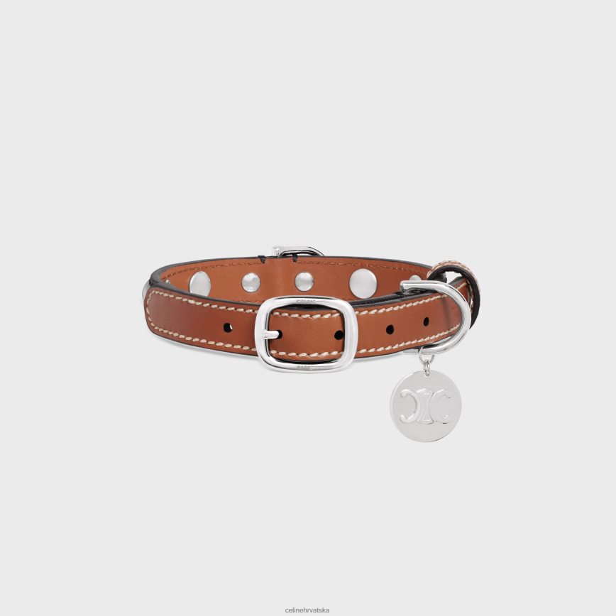 CELINE uniseks mala tanka ogrlica za pse od triomphe platna i teleće kože s nitnama preplanuli ten pribor 3WE2E1738