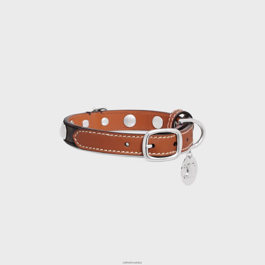CELINE uniseks mala tanka ogrlica za pse od triomphe platna i teleće kože s nitnama preplanuli ten pribor 3WE2E1738
