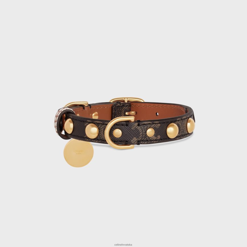 CELINE uniseks mala tanka ogrlica za pse od triomphe platna i teleće kože s nitnama preplanuli ten pribor 3WE2E1752