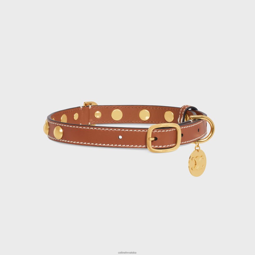 CELINE uniseks srednje tanka ogrlica za pse od glatke teleće kože s nitnama preplanuli ten pribor 3WE2E1759