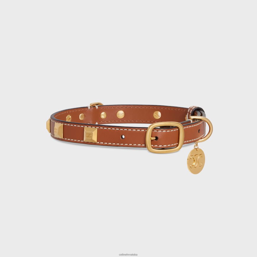 CELINE uniseks srednje tanka ogrlica za pse od glatke teleće kože s piramidalnim nitnama preplanuli ten pribor 3WE2E1730